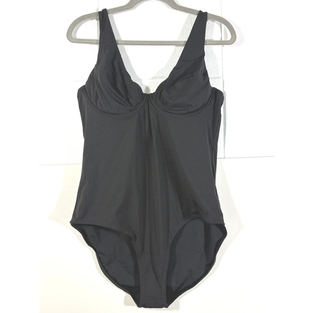 Hanky Panky Underwire One Piece Swimsuit Black Plunge Neck 7R8441 L